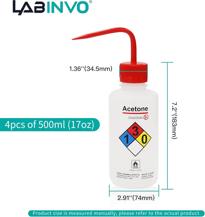 LINVO 4pcs of Acetone Wash Bottles, Vol.500ml (17oz), Narrow Mouth, Self-Venting Safety Wash Bottles, LDPE Material, IN-WBA500 - Image 3